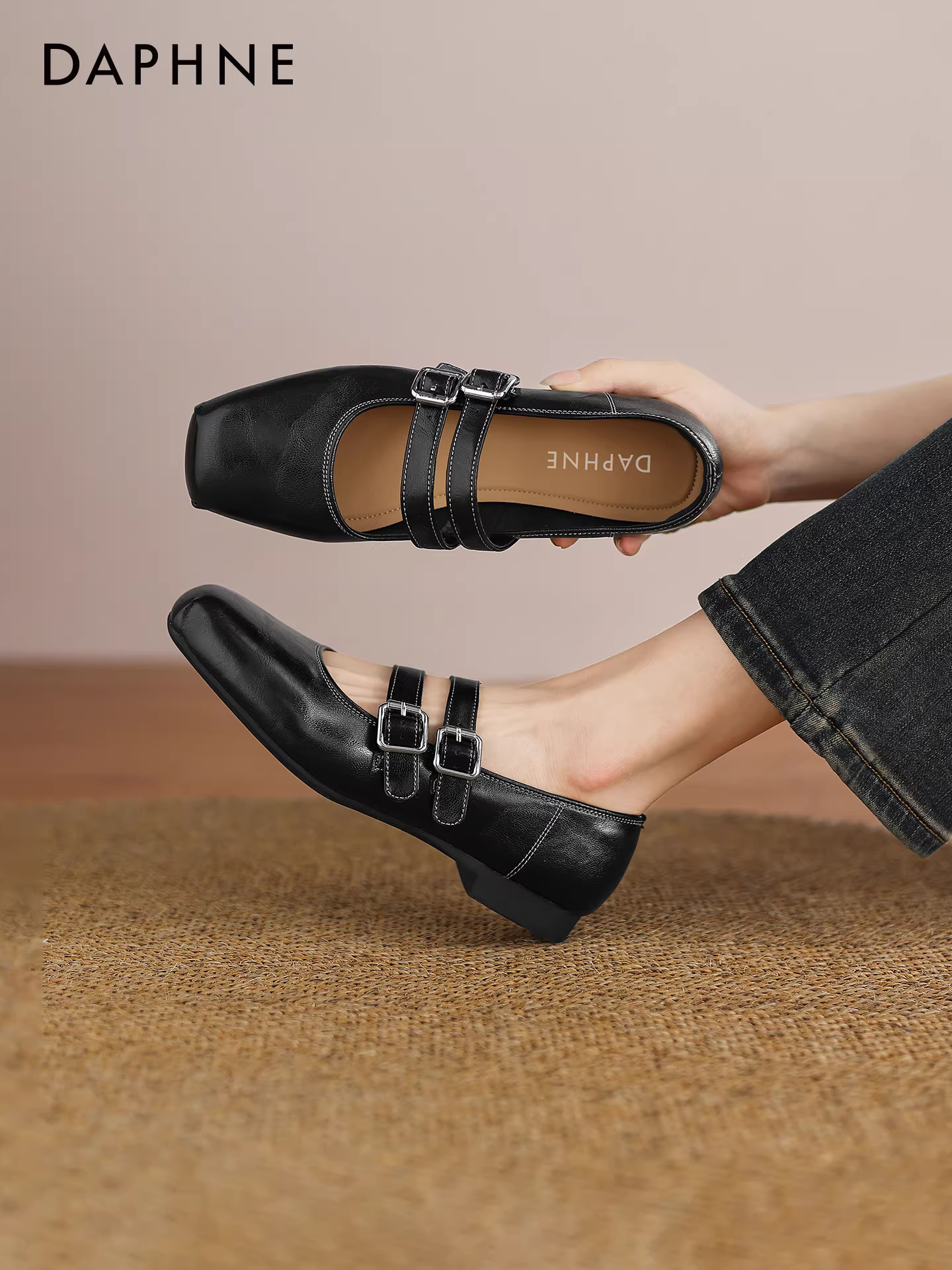 Giày bệt đen Daphne dành cho nữ 2025 kiểu Pháp mới mùa thu, giày công sở kiểu Mary Jane bằng da