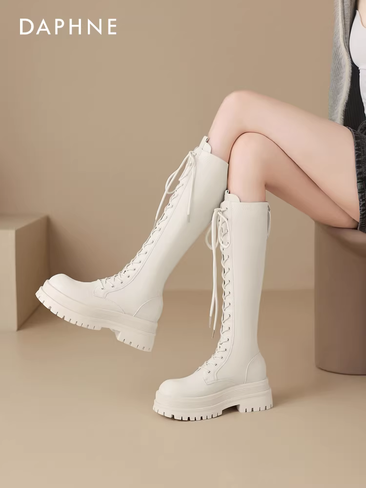 Giày bốt trắng Daphne dành cho nữ, bốt cao cổ đế dày mùa đông, bốt Martin buộc dây mới năm 2025, bốt cao cổ đi xe.
