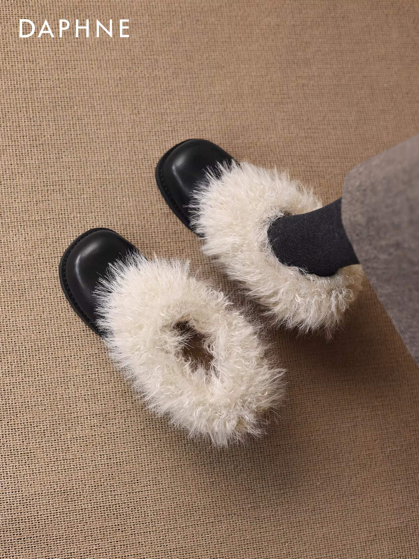 Giày cao gót lông thú kiểu Pháp Daphne dành cho nữ, mẫu mới mùa đông 2025, lót lông cừu, kiểu Mary Jane, giày da, ủng tuyết