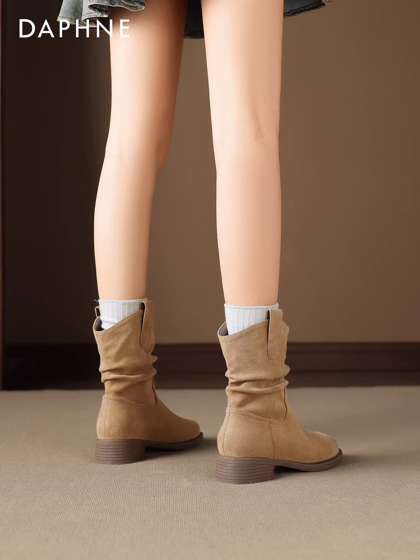 Giày bốt cổ ngắn gót thô Daphne dành cho nữ, mẫu mới mùa đông 2025, lót lông, kiểu dáng lười, kiểu bốt cưỡi ngựa Melard, kiểu bốt Martin