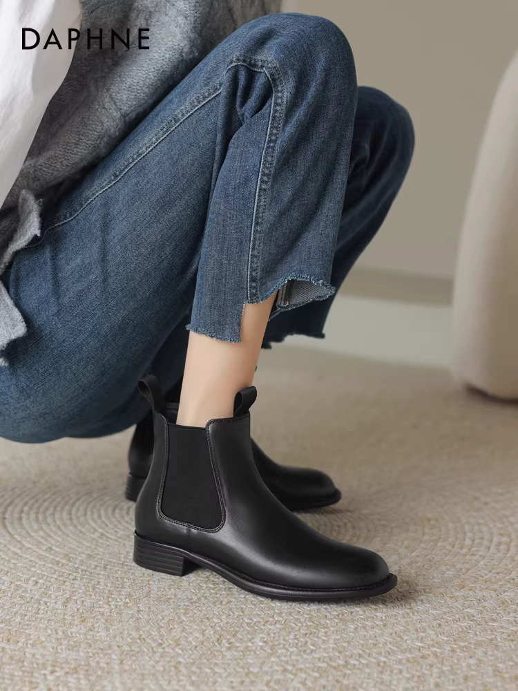 Giày bốt ngắn Daphne dành cho nữ kiểu mới 2025, lót lông cừu, da thật, mùa đông, giày bệt, kiểu Chelsea, kiểu Martin