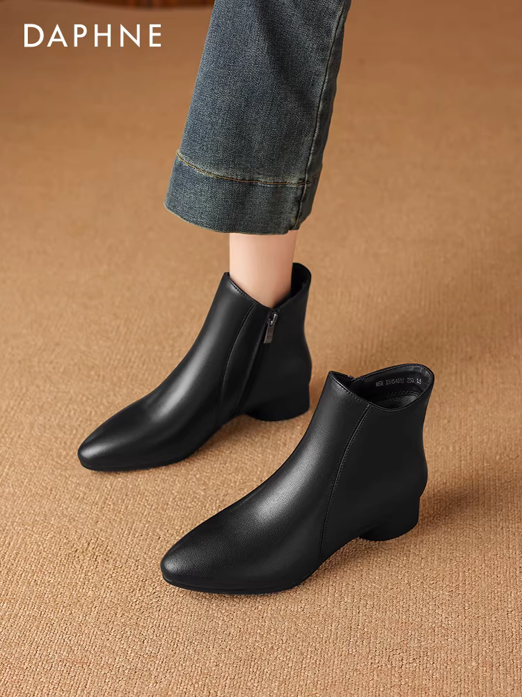 Giày bốt mũi nhọn ngắn Daphne dành cho nữ mùa đông 2025 kiểu mới, giày bốt nữ mùa thu đông, giày bốt đế thô kiểu Martin, giày da