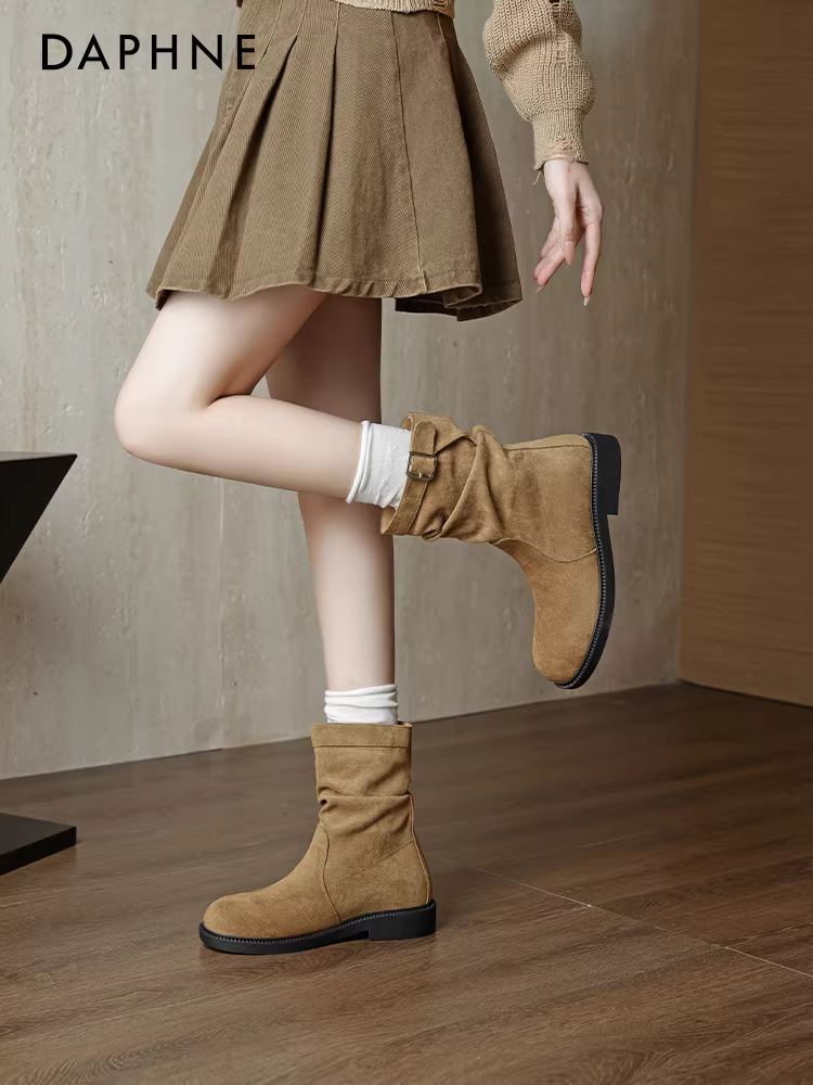 Giày bốt ngắn màu nâu Daphne dành cho nữ kiểu mới 2025, bốt dáng lười, bốt cao cổ, bốt Melard Martin, bốt cao bồi miền Tây
