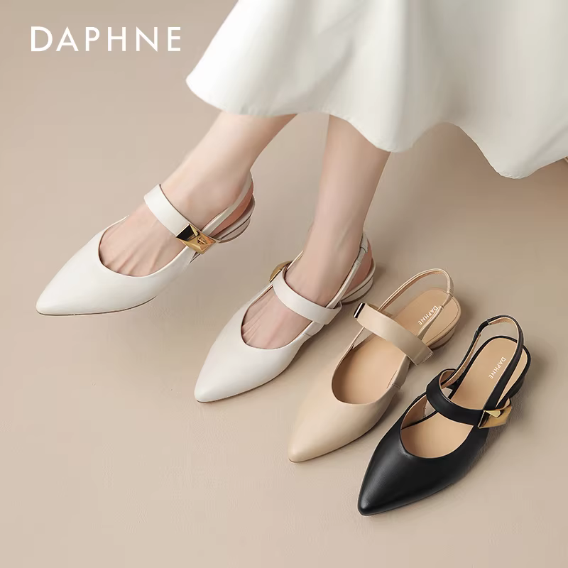 Dép quai ngang Daphne dành cho nữ, mẫu mới hè 2024, dép đế xuồng, mũi nhọn, giày nữ đi ngoài trời, đế bằng thấp.