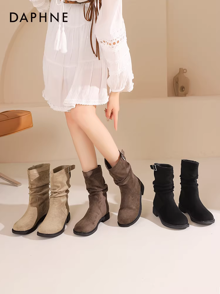 Giày bốt cổ thấp Daphne dành cho nữ, mẫu mới thu đông 2025, đế dày, kiểu Martin, xếp ly, phong cách cao bồi miền Tây, kiểu lười.
