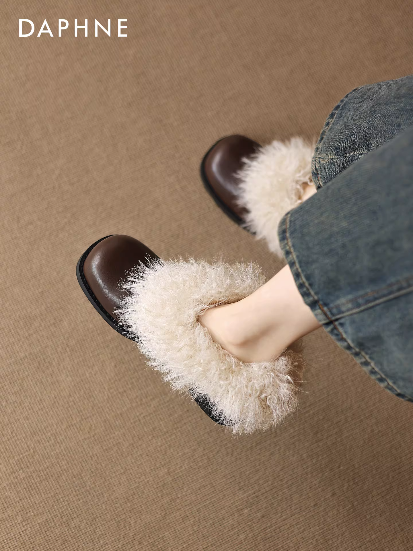 Giày cao gót lông thú kiểu Pháp Daphne dành cho nữ, mẫu mới mùa đông 2025, lót lông cừu, kiểu Mary Jane, giày da, ủng tuyết