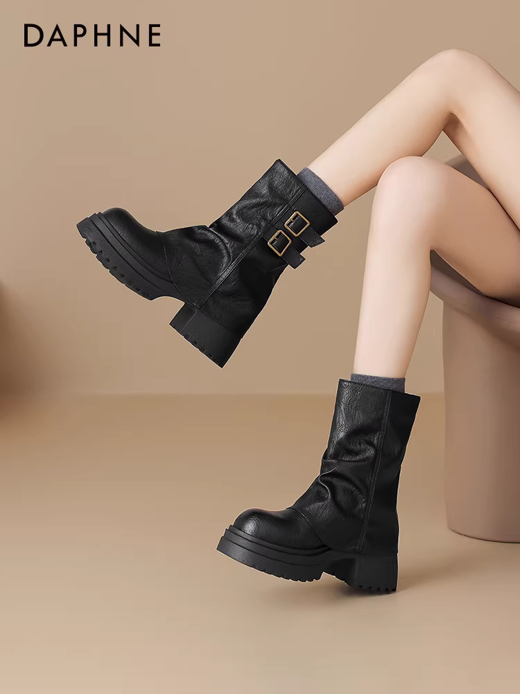 Giày bốt Daphne Martin dành cho nữ 2025 bốt ngắn mùa đông mới bốt ống đế dày bốt cao gót bốt lười nữ bốt cao đến giữa bắp chân