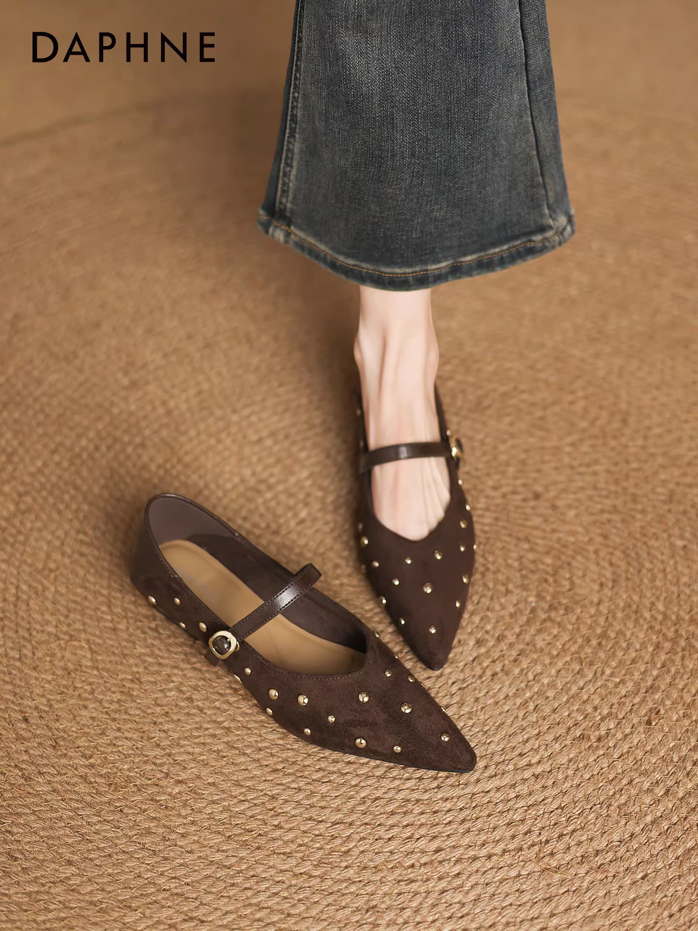 Giày bệt mũi nhọn Daphne dành cho nữ 2025 kiểu Pháp mới mùa thu, giày nữ đính đinh, giày Mary Jane, giày lười nữ