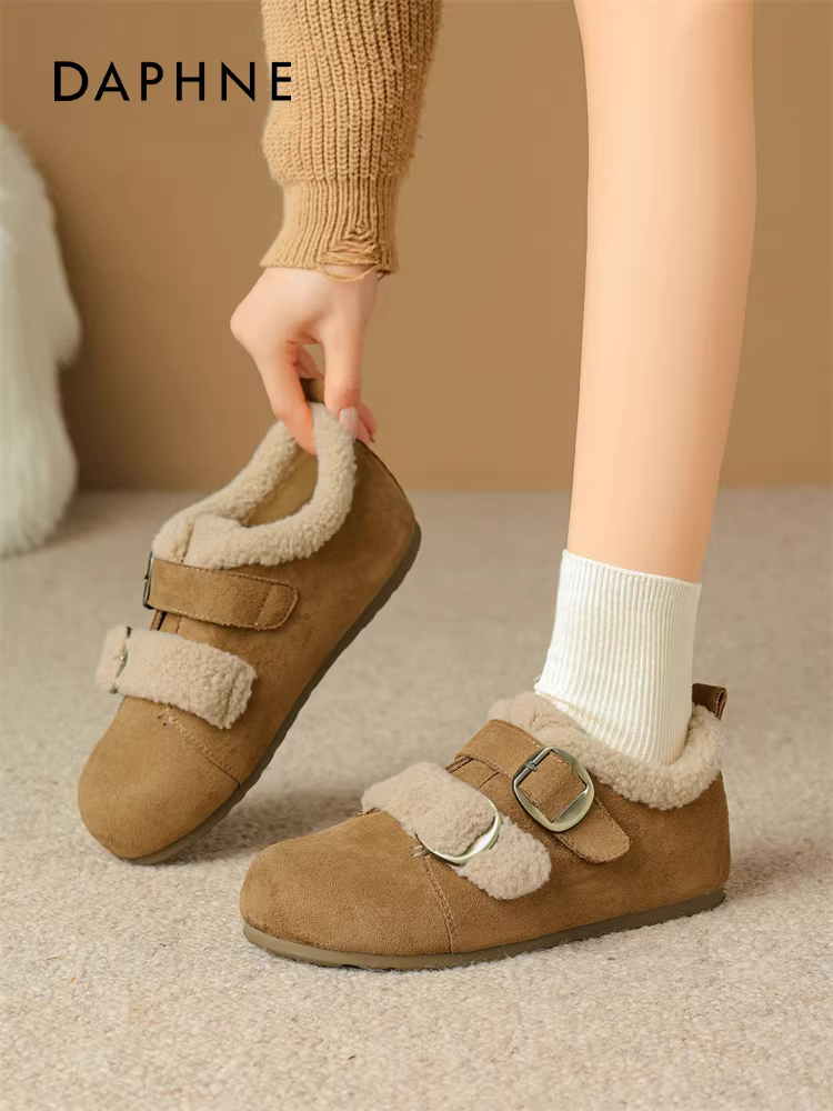Giày Birkenstock lót lông cừu Daphne dành cho nữ, kiểu mới mùa đông 2025, ấm áp, kín hoàn toàn, giày cotton Đông Bắc, đi ngoài trời, ủng chống trượt.