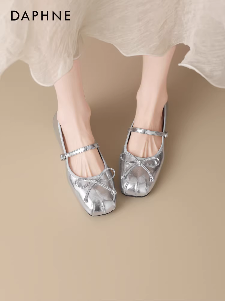 Giày bệt nữ Daphne bạc mùa thu 2025 kiểu Pháp mới, giày bệt da nhỏ, giày Mary Jane, giày ba lê