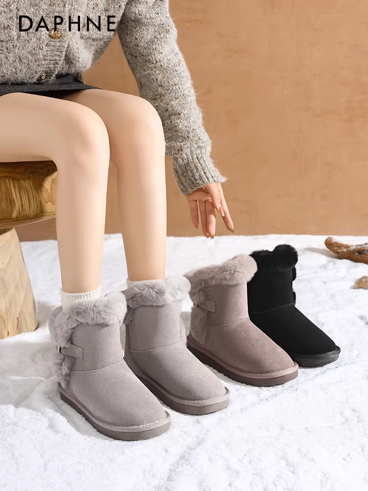 Giày bốt đi tuyết đế dày Daphne dành cho nữ 2025, giày bốt da thật mùa đông mới có lớp lót lông mềm, dày dặn và ấm áp, giày bông cỡ lớn vùng Đông Bắc.