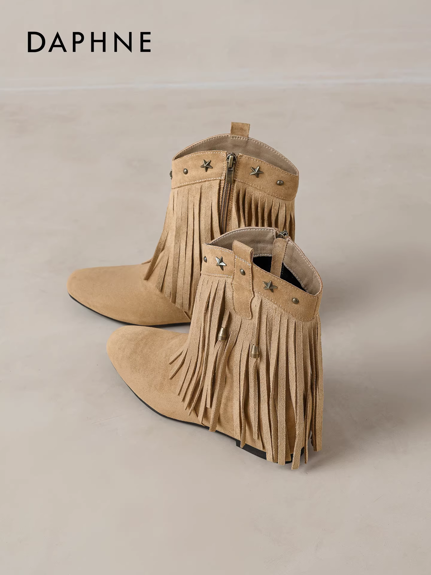 Giày cao gót Daphne Martin 2025 Thu/Đông mới, kiểu dáng cổ điển miền Tây, tăng chiều cao, phối tua rua, kiểu ankle boots