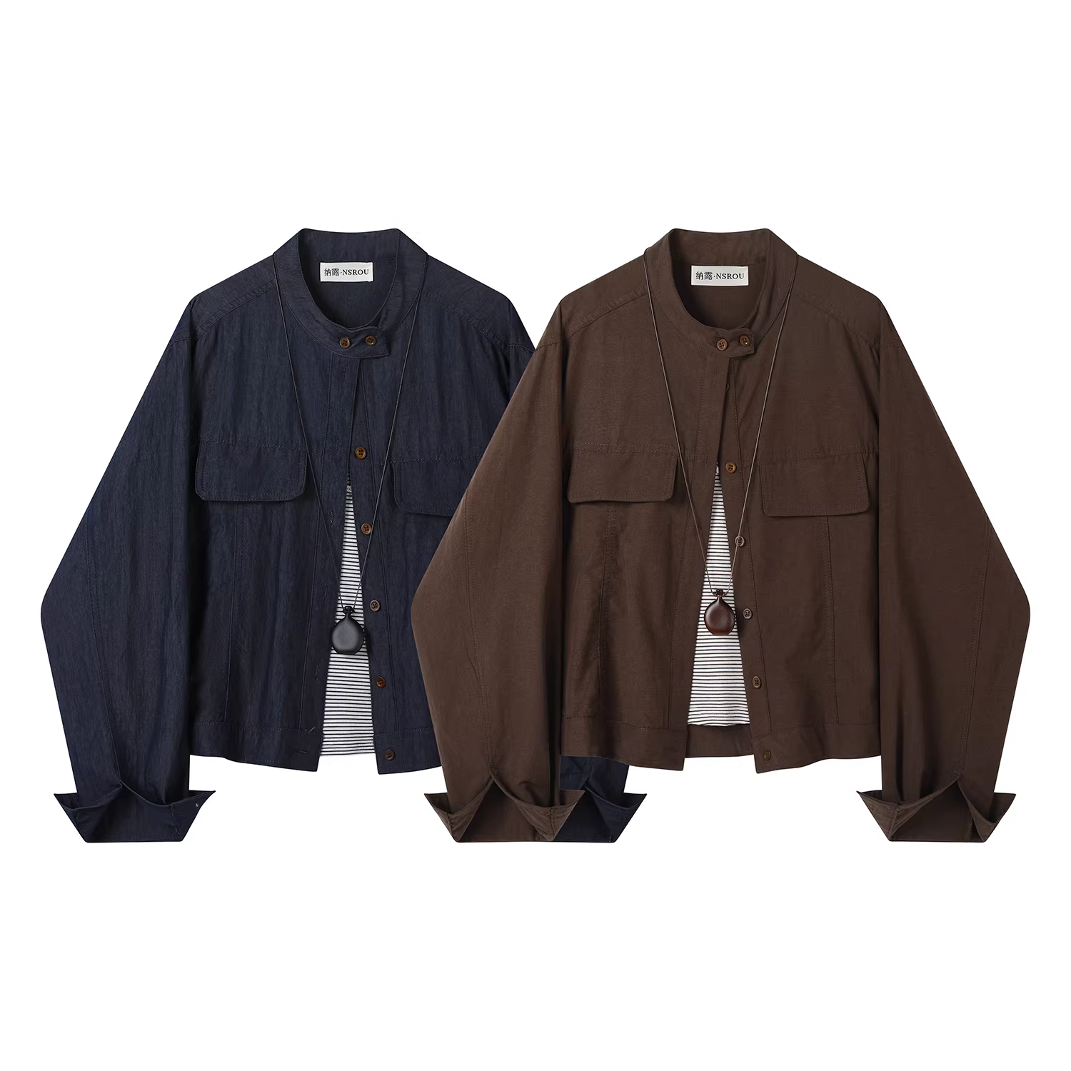 Áo khoác cổ tròn ngắn màu cà phê cổ điển của Mỹ dành cho nữ, phong cách mới đầu thu, áo khoác thon gọn, nhỏ nhắn, đa năng, áo yếm