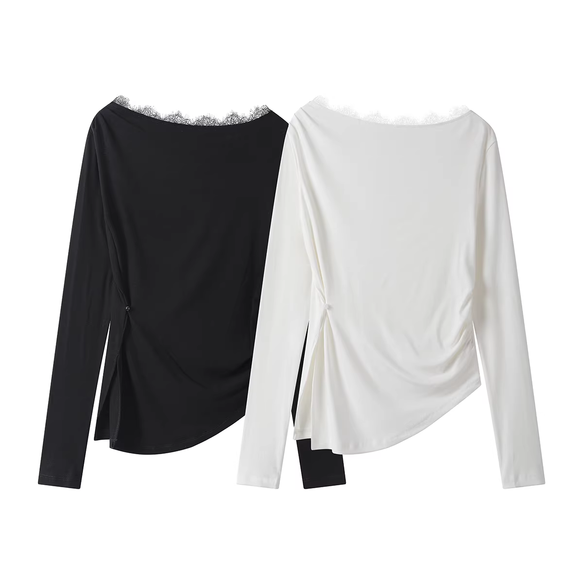 Áo dệt kim lệch vai độc đáo dành cho nữ, mùa xuân và mùa thu, thiết kế chắp vá ren sang trọng và gợi cảm, áo thun dài tay