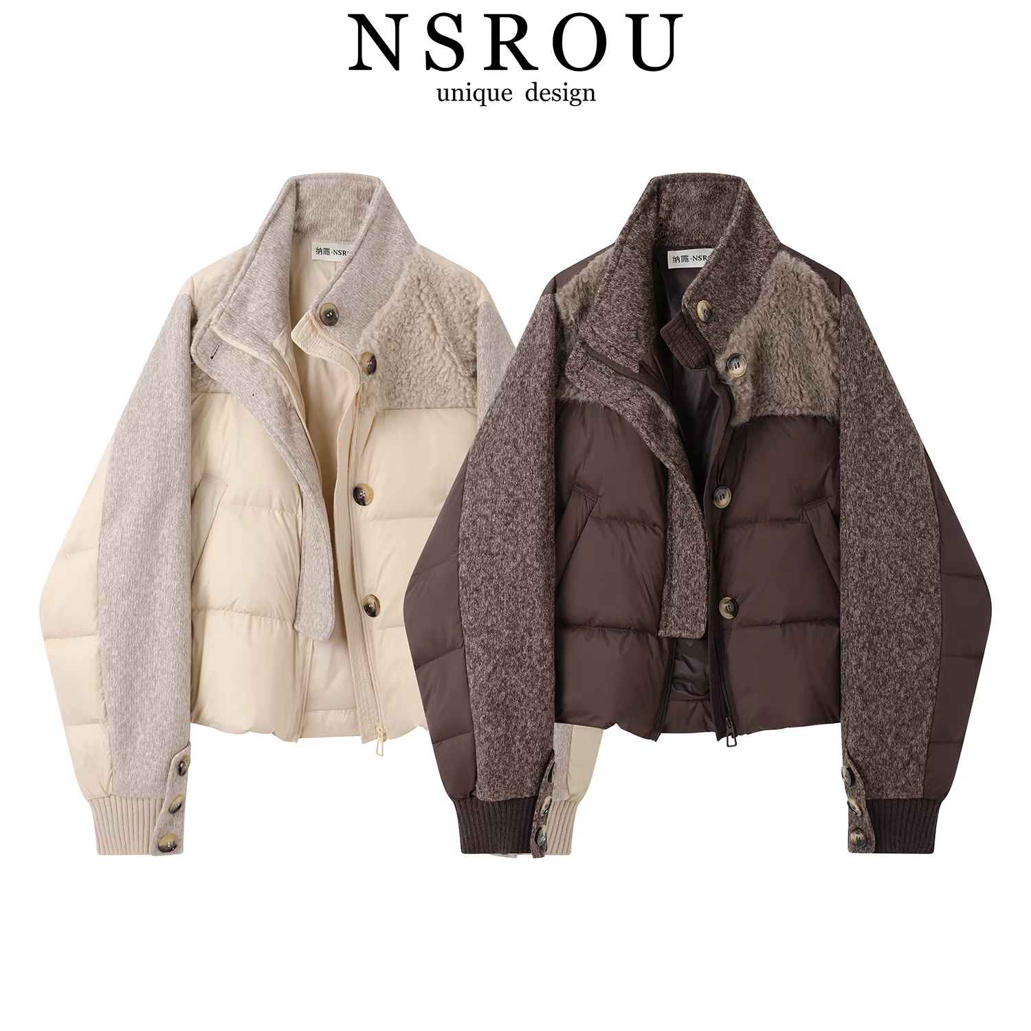 Áo khoác ngắn có cổ đứng NSROU dành cho nữ, mùa đông 90% lông vịt trắng, kiểu dáng thời trang và cao cấp dành cho người có vóc dáng nhỏ nhắn.