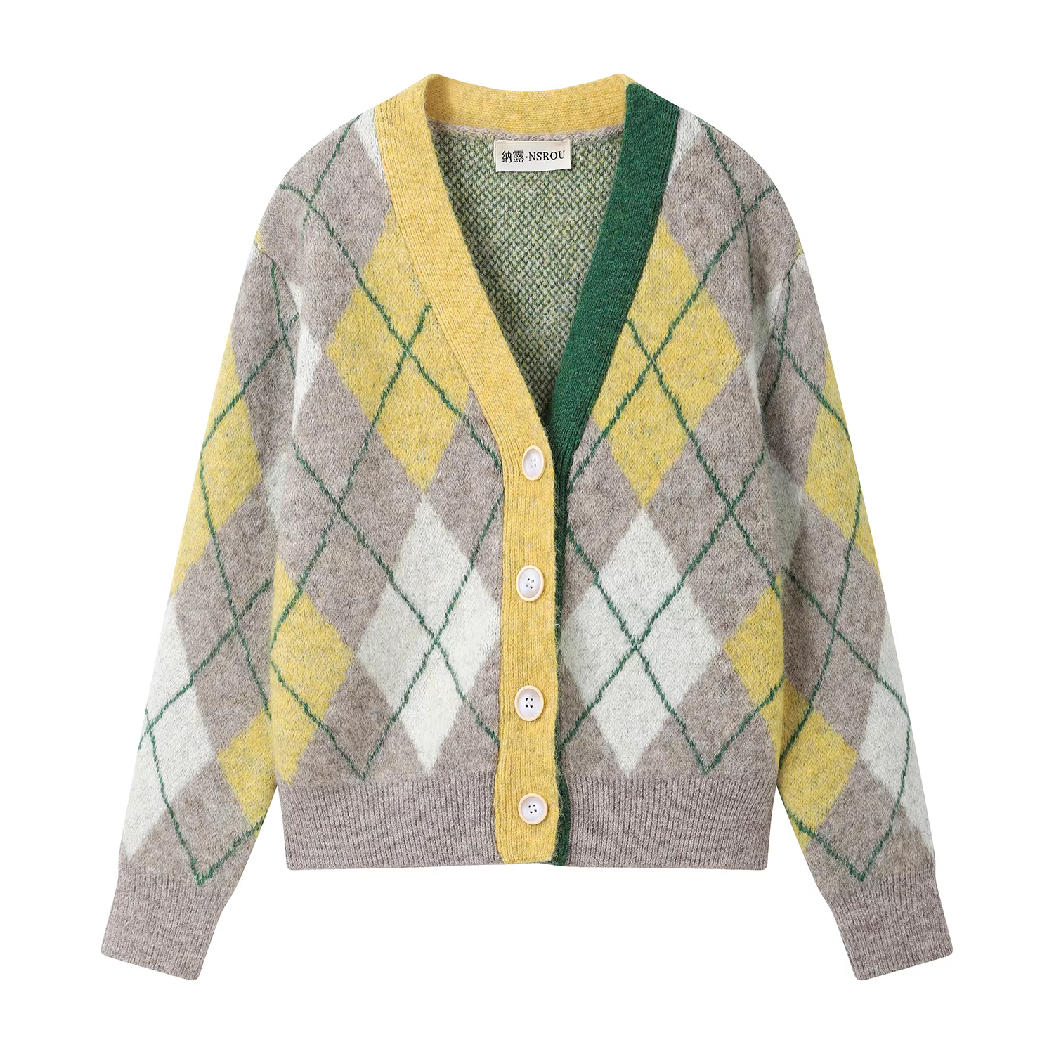 Áo khoác cardigan dệt kim cổ chữ V họa tiết kim cương phối màu nhẹ nhàng và ngọt ngào theo phong cách Pháp dành cho nữ, áo len mùa thu đông.