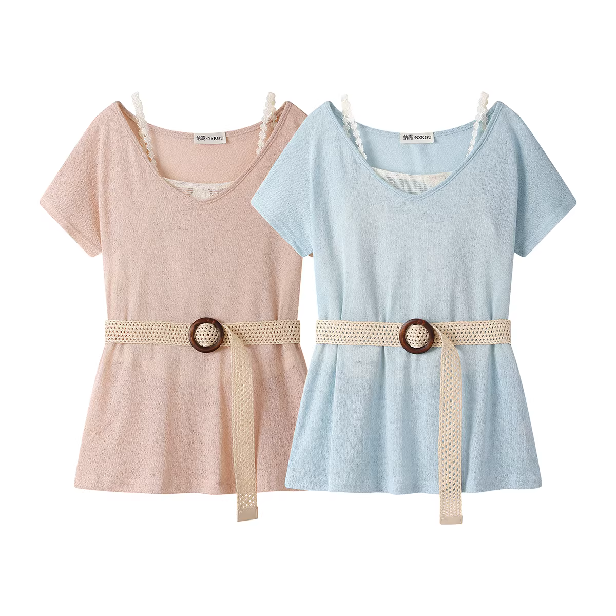 Áo kiểu nữ mùa hè, chất liệu ren, phối màu, tay ngắn, kiểu dáng ôm eo, phong cách hot girl thời thượng.