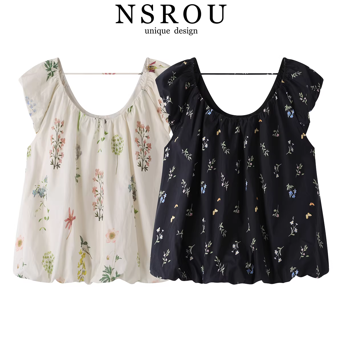 Áo kiểu Pháp tay phồng cổ V họa tiết hoa tươi NSR dành cho nữ, áo ba lỗ đa năng, trẻ trung, mùa hè.