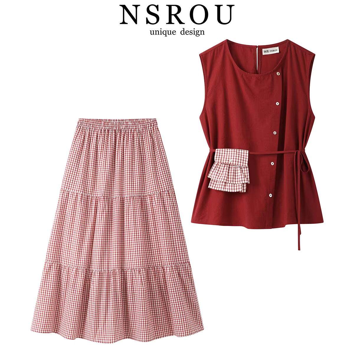 Bộ hai mảnh áo và váy không tay màu đỏ kiểu Pháp dành cho nữ, phong cách mùa hè mới, bộ váy kẻ sọc độc đáo và đẹp mắt