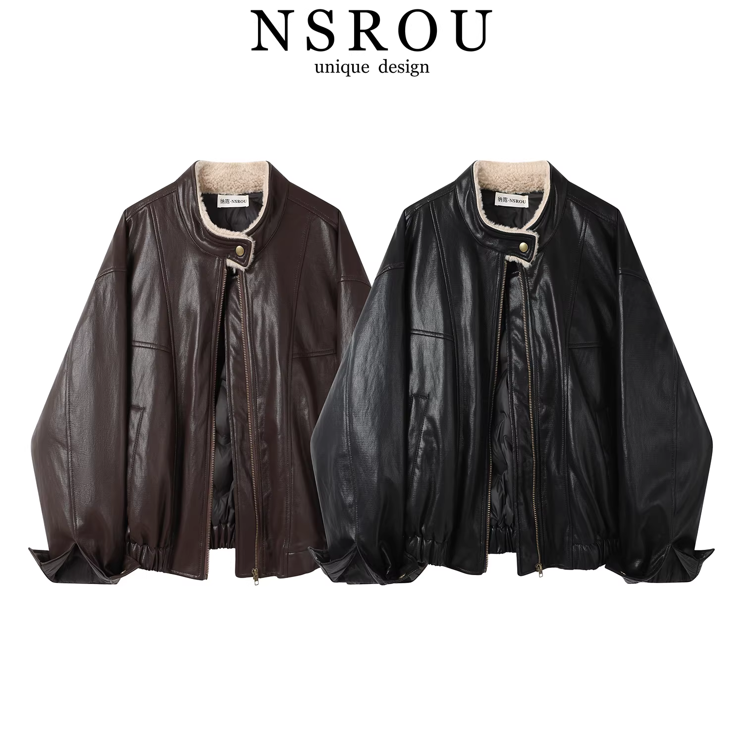 Áo khoác da cổ tròn kiểu retro Maillard dành cho nữ, áo khoác ngắn dáng rộng lót lông cừu mùa thu đông