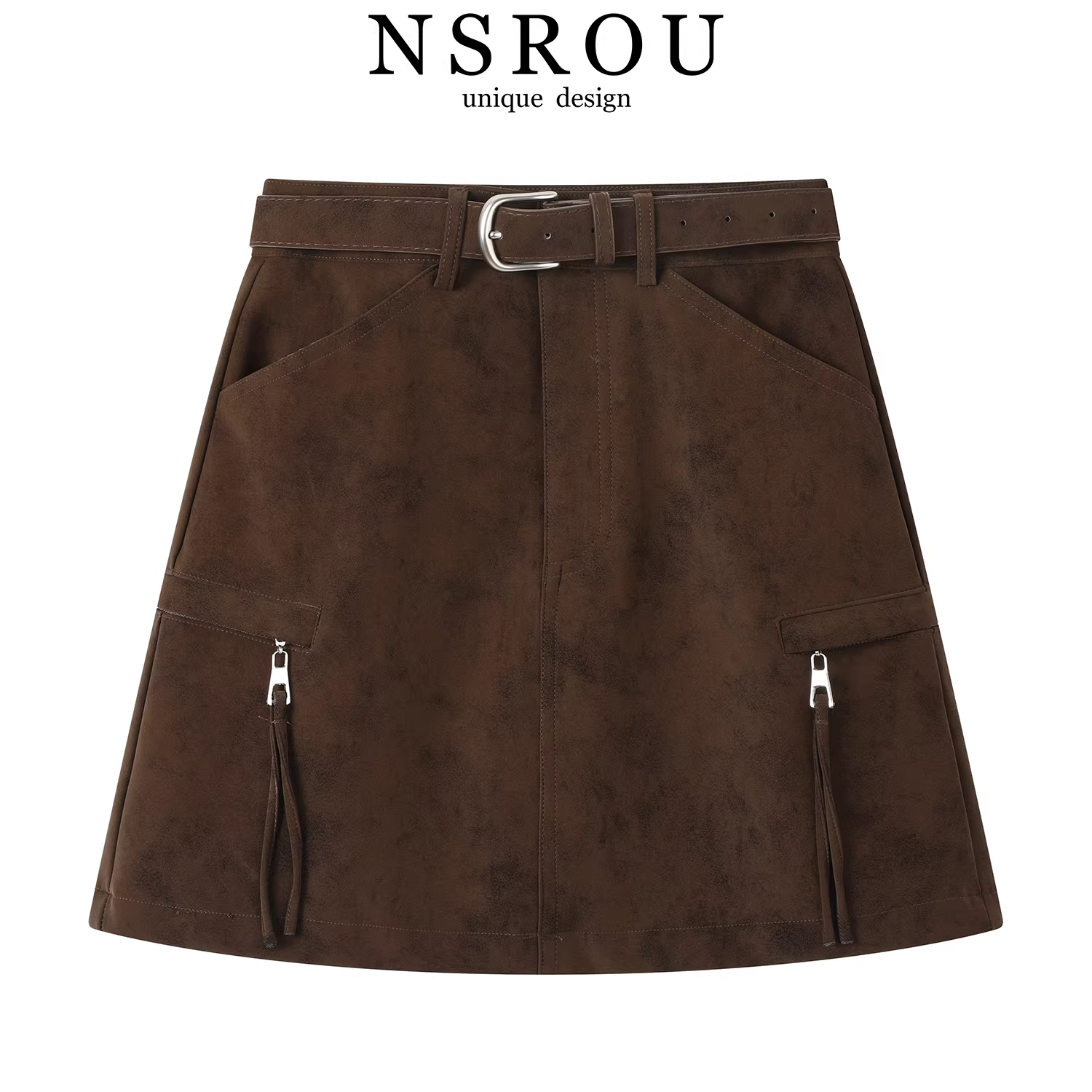 váy màu cà phê cổ điển, váy da công sở, phong cách mới mùa thu của phụ nữ, nhỏ nhắn, cạp cao, tạo vẻ thon gọn, váy ngắn ôm hông chữ A