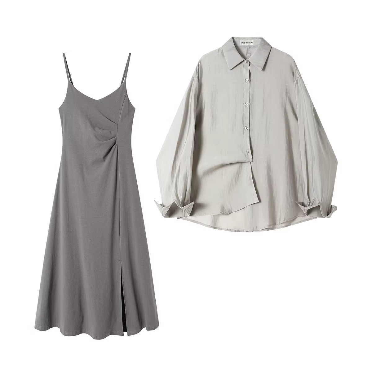 Bộ đồ hai mảnh gồm áo sơ mi màu xám và váy yếm dành cho nữ, kiểu dáng xuân thu mới, áo chống nắng phong cách giản dị độc đáo, bộ đầm đẹp
