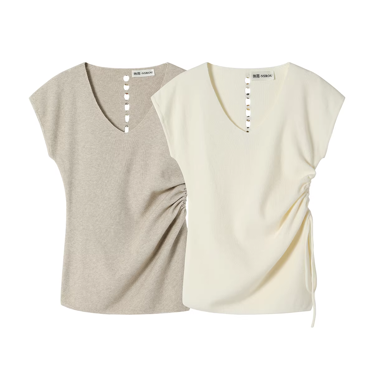 Áo dệt kim ngắn tay kiểu Pháp giản dị dành cho nữ, thiết kế xuân thu, ôm dáng, áo có dây rút xếp ly