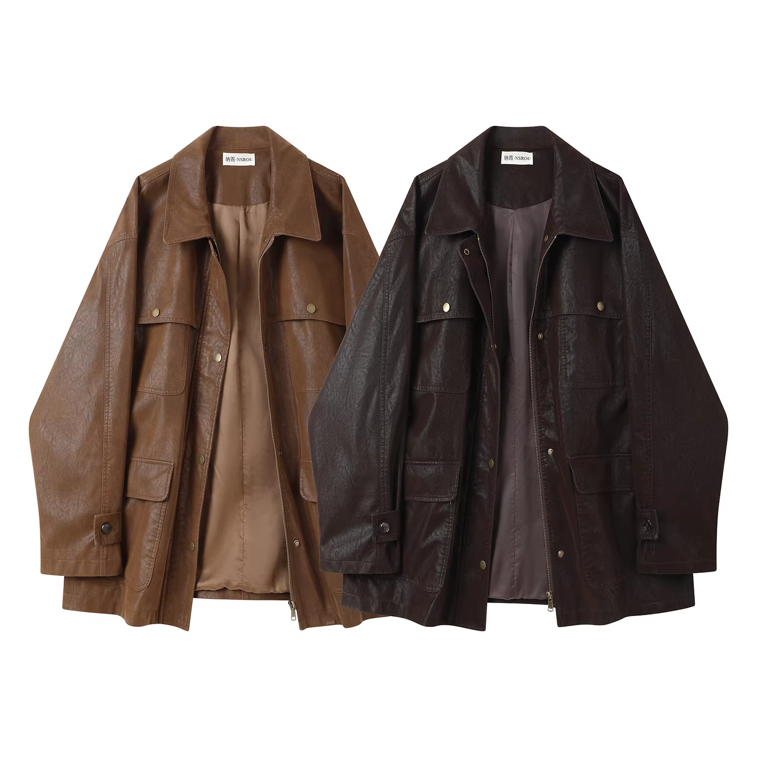 Áo khoác da xe máy màu cà phê Melard cổ điển, phong cách và sang trọng dành cho nữ, áo khoác da dài trung bình cho mùa thu.