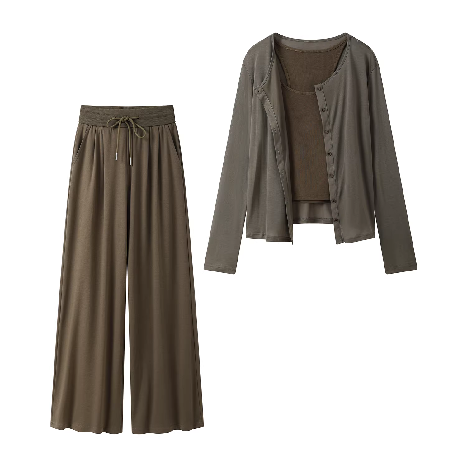 Bộ ba món gồm áo len dệt kim kiểu Pháp, áo thun chống nắng, quần dài cạp cao tôn dáng dành cho nữ vào đầu mùa thu.