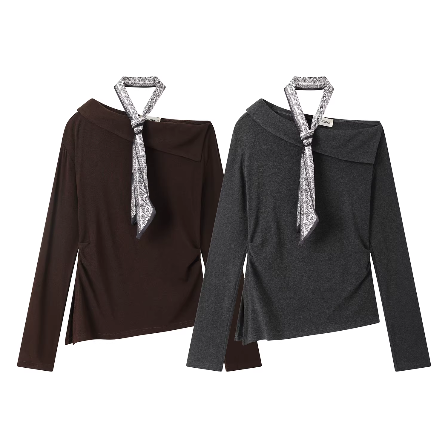 Áo thun dài tay thiết kế lệch vai dành cho nữ, phong cách mới đầu thu, có dây buộc sọc, ôm eo, áo dệt kim thon gọn.