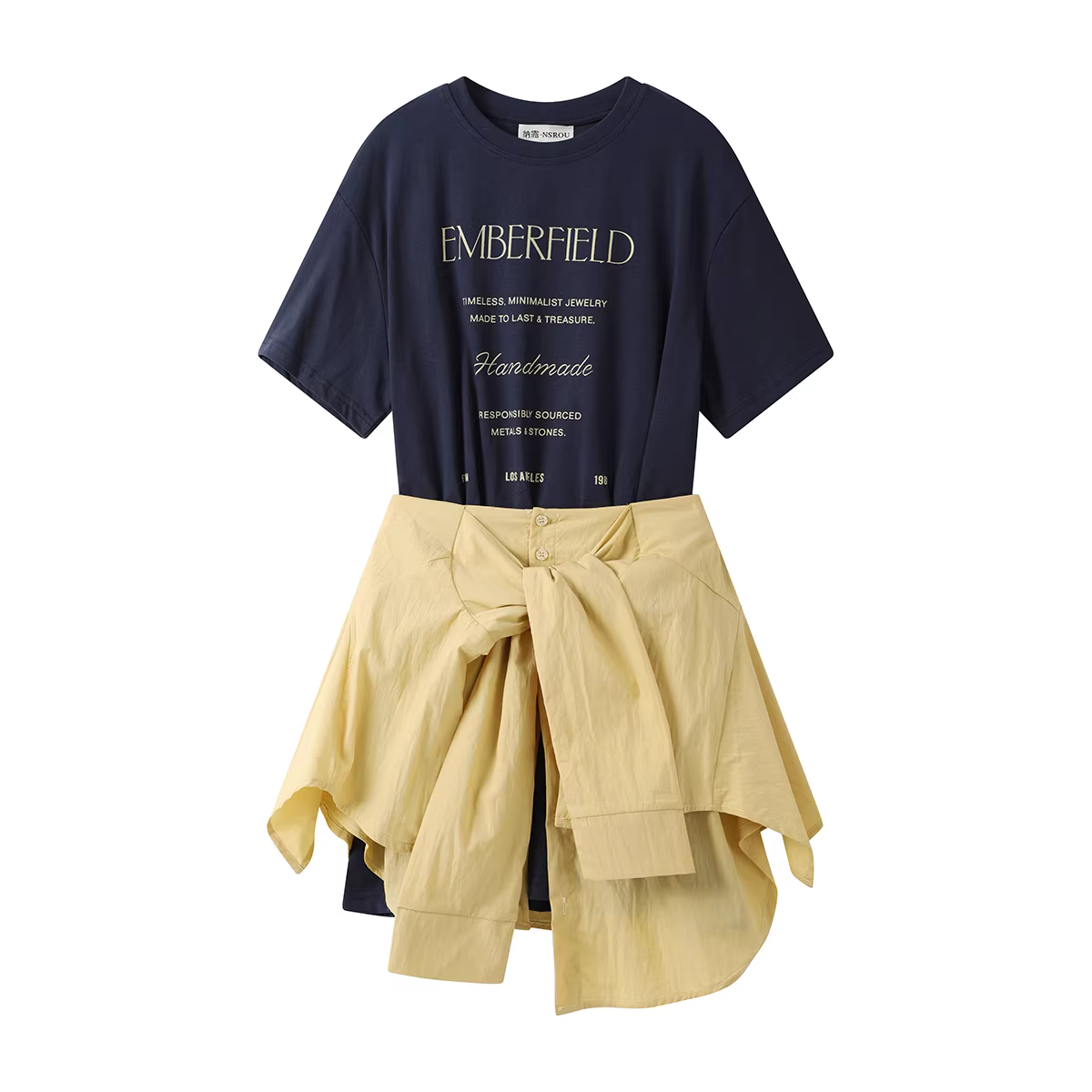 Bộ hai mảnh thời trang mùa hè mới dành cho nữ gồm chân váy midi xẻ tà kiểu Mỹ và áo thun ngắn tay