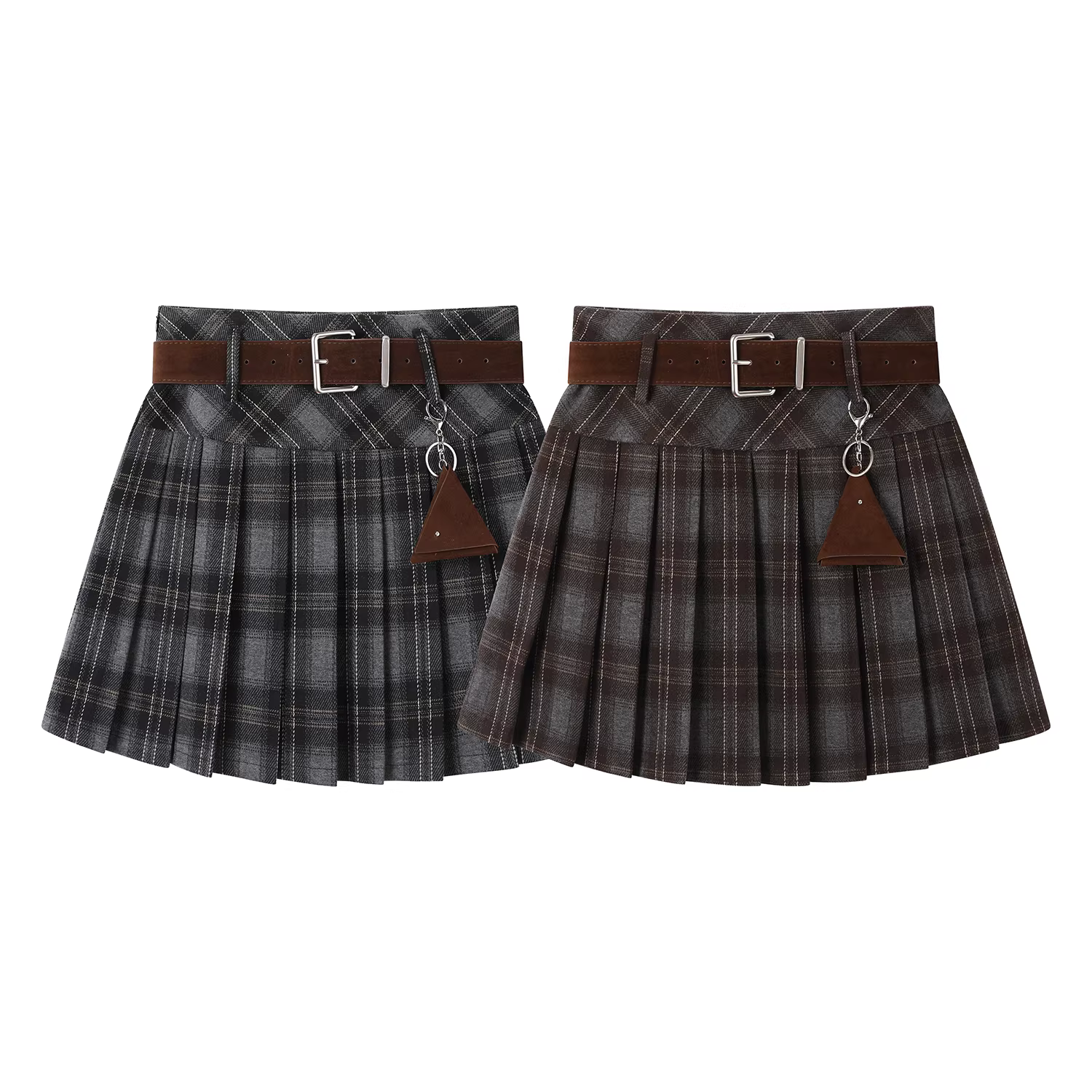 Váy kẻ sọc cổ điển kiểu Mỹ dành cho nữ trong mùa thu đông, váy ngắn xếp ly dáng chữ A eo cao kiểu preppy, váy len