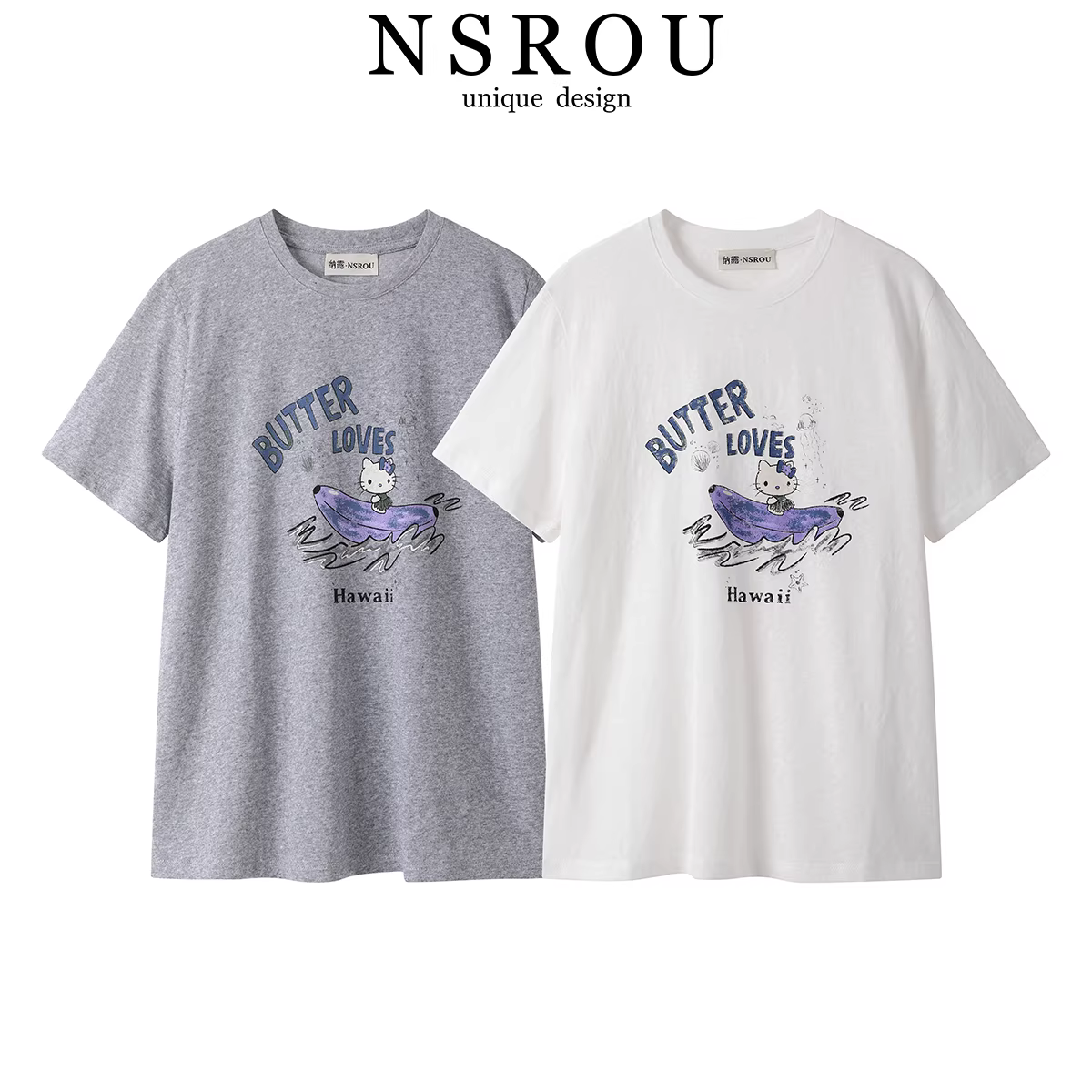 Phong cách Hàn Quốc cao cấp mùa hè sản phẩm mới in hình hoạt hình áo thun ngắn tay áo sơ mi cơ bản dành cho nữ cổ tròn thường ngày áo trễ vai