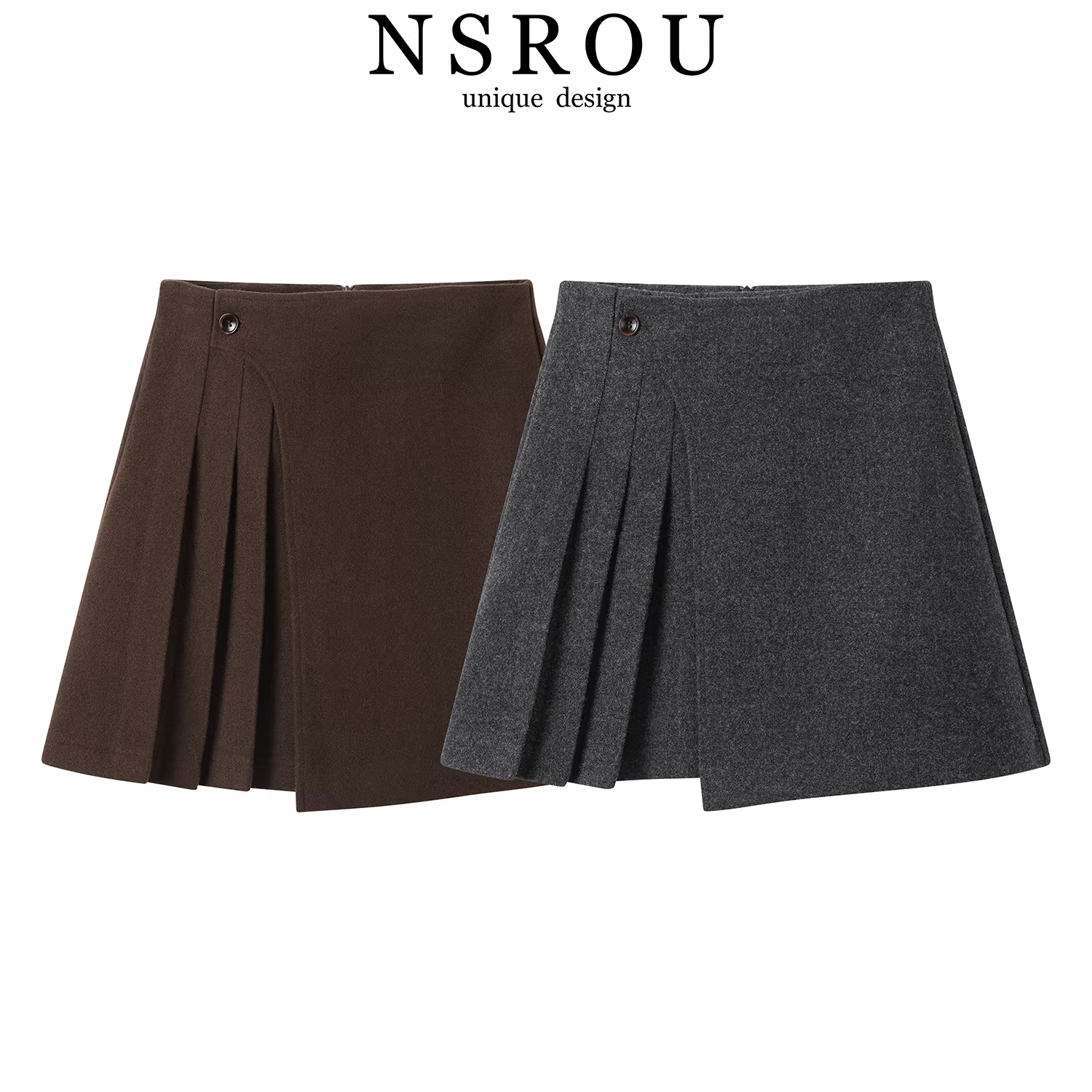 Váy len dày xếp ly eo cao kiểu học sinh dành cho nữ, váy bút chì dáng chữ A màu xám mùa thu đông.