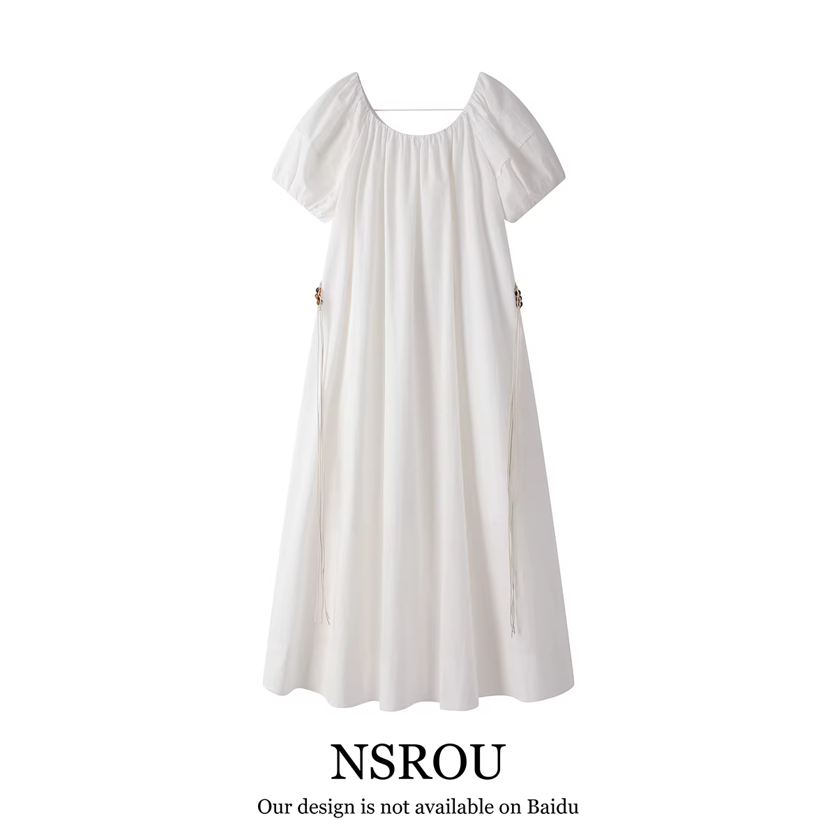 Váy trắng tay phồng kiểu Pháp, dáng dài, chất liệu ren cao cấp, thiết kế rộng rãi, có dây buộc, tôn dáng, dành cho nữ mùa hè.