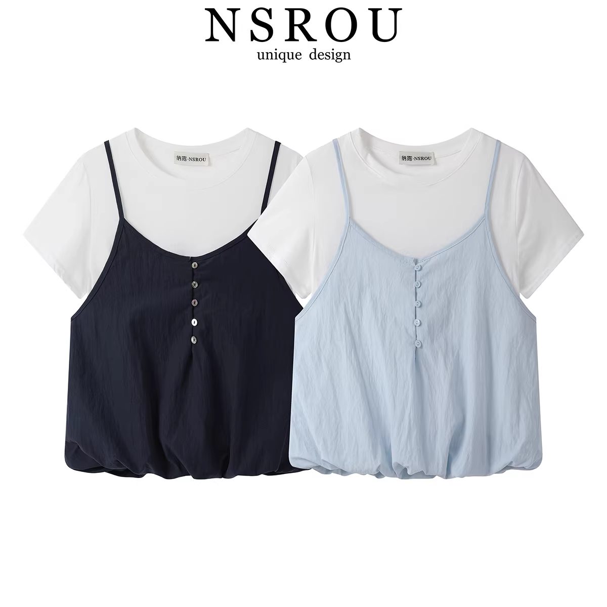 Áo thun nữ ngắn tay giả hai mảnh phong cách Pháp, kiểu dáng mới lạ, thiết kế độc đáo, trẻ trung, mùa hè