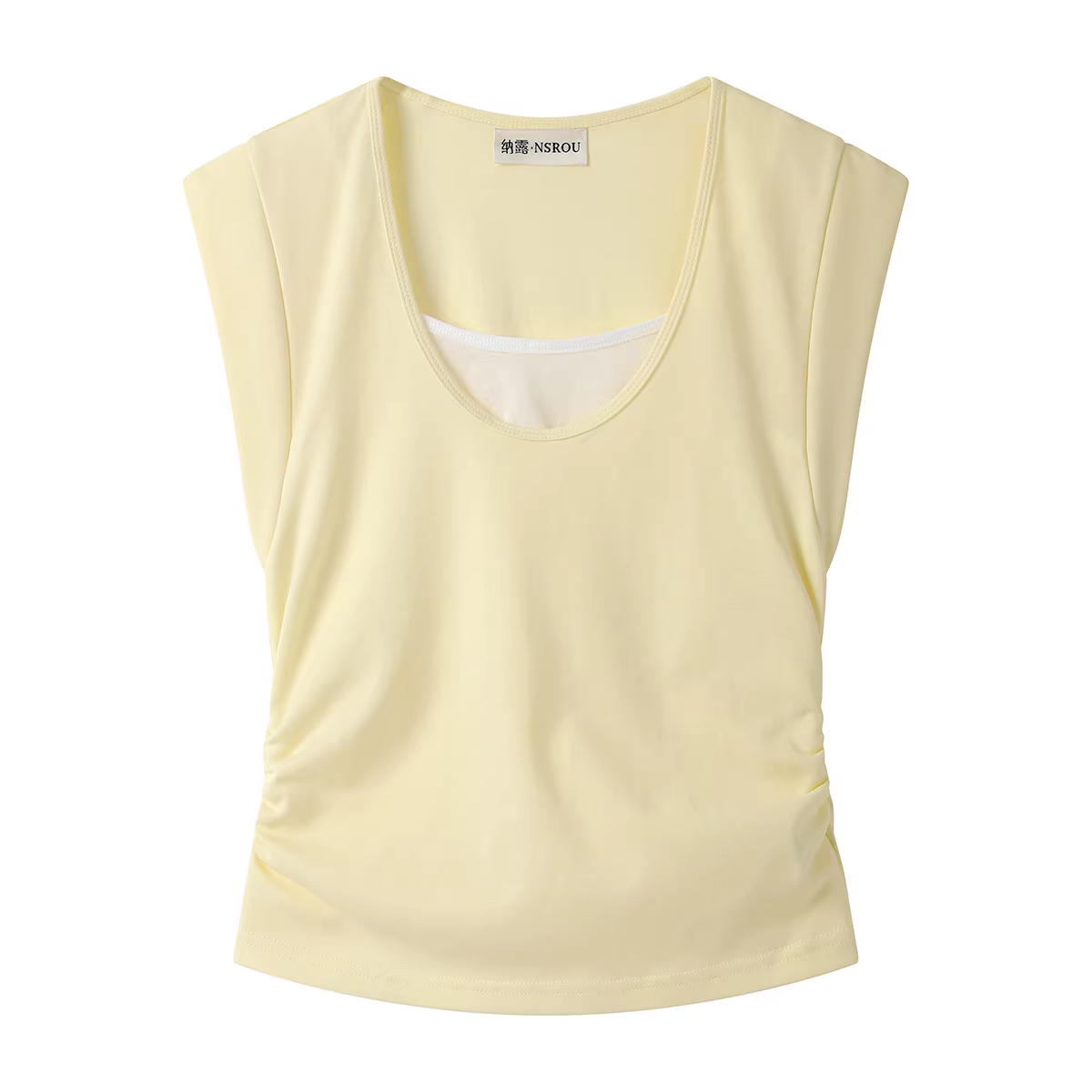 Áo thun ngắn tay giả hai mảnh chắp vá dành cho nữ, phong cách mùa hè mới, eo xếp nếp, tôn dáng, áo ngắn ôm sát.