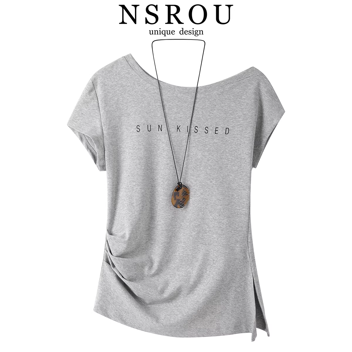Áo thun xẻ tà kiểu Pháp NSROU dành cho nữ, thiết kế mùa hè mới, áo trễ vai ngắn tay độc đáo.