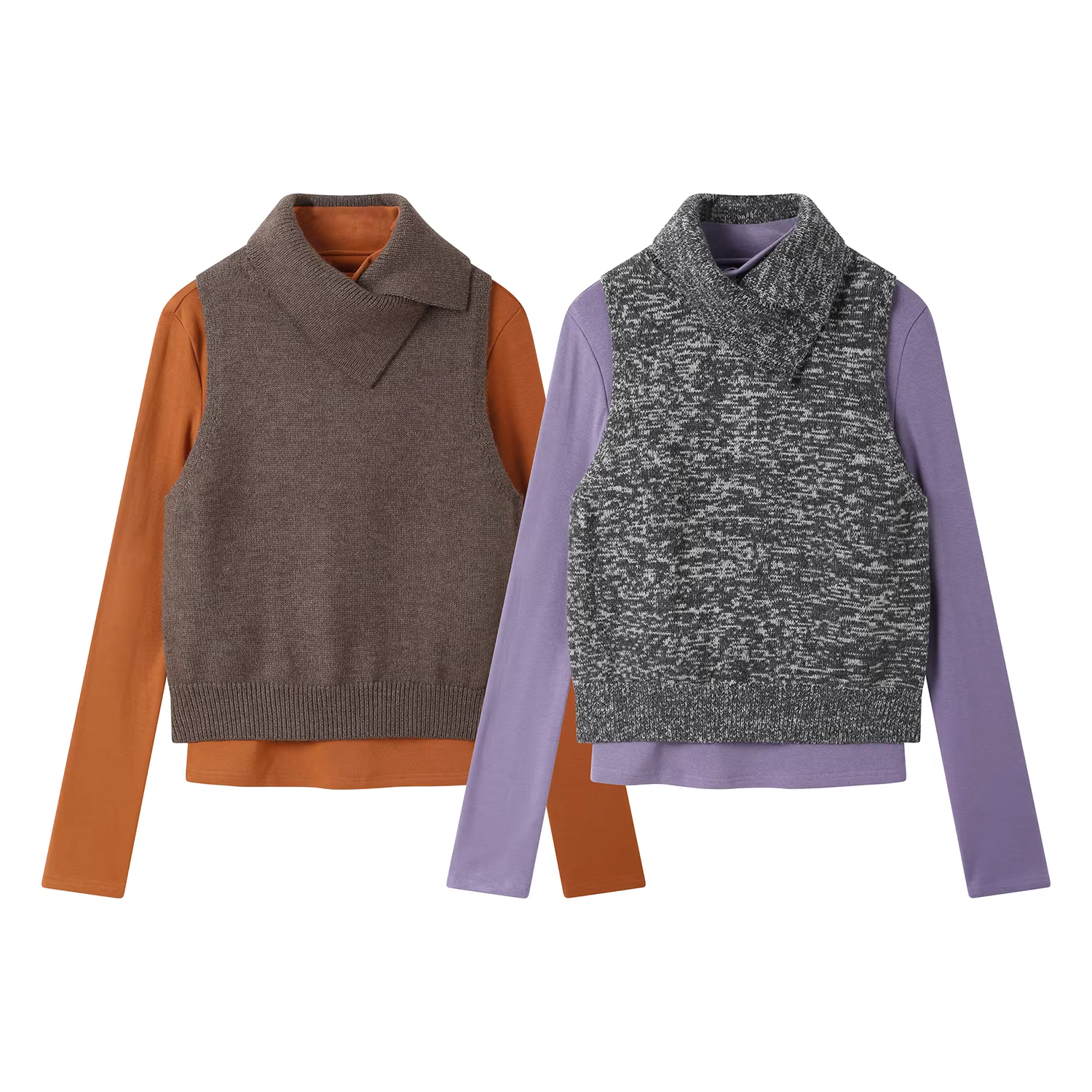 Bộ áo len dệt kim cổ lọ phong cách retro Hàn Quốc, áo len dài tay xếp lớp, bộ hai mảnh dành cho nữ mùa thu đông