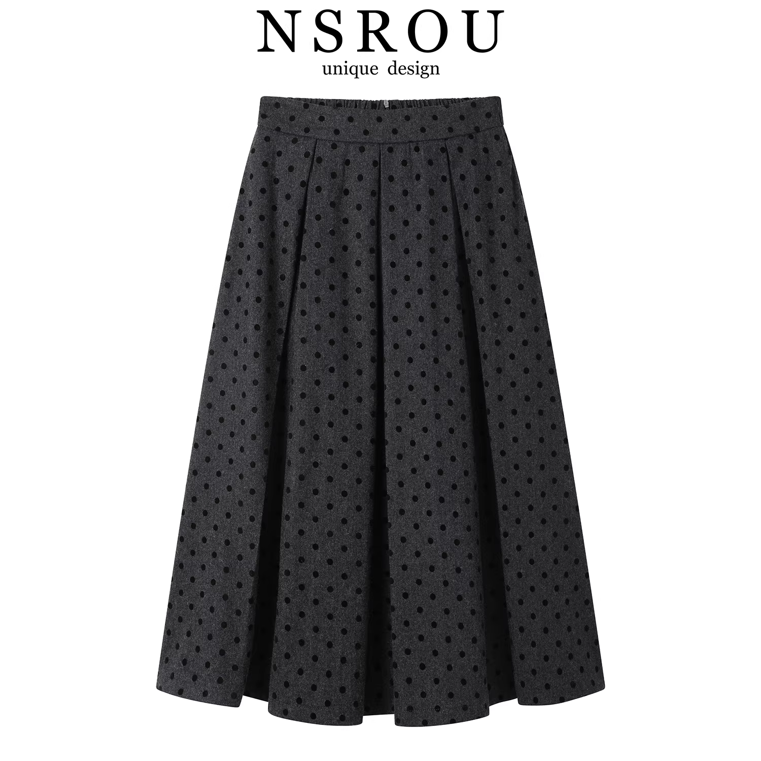 Váy xếp ly màu xám chấm bi dành cho nữ, váy dáng chữ A dài vừa phải, eo cao, dáng suông, đơn giản, thích hợp đi làm mùa thu đông