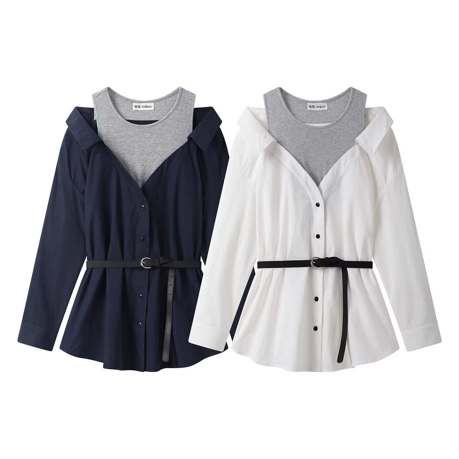 Áo khoác sơ mi dài tay giả hai mảnh lệch vai kiểu Pháp dành cho nữ, áo sơ mi độc đáo và đẹp mắt cho đầu mùa thu.