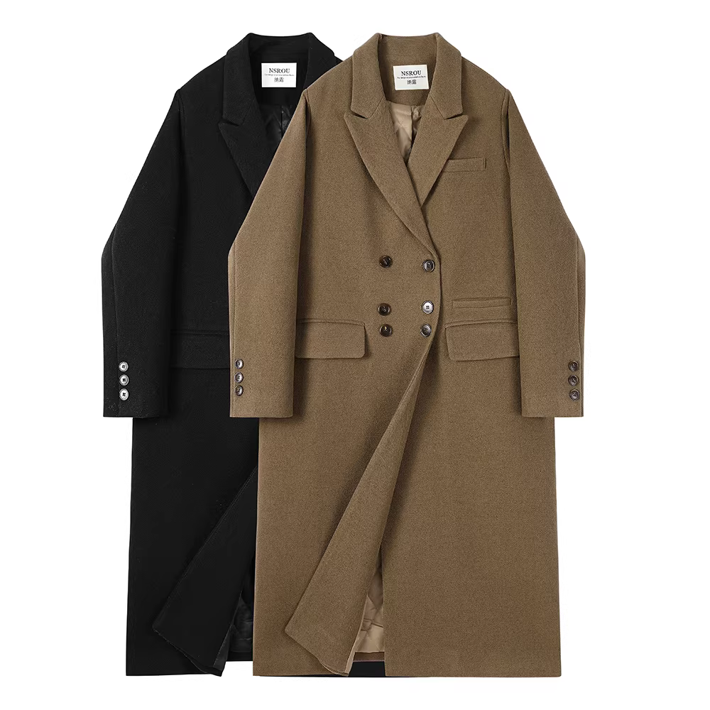 Áo khoác len cashmere đen dày dặn kiểu retro Hàn Quốc dành cho nữ, áo khoác len dài vừa phải cao cấp mùa đông