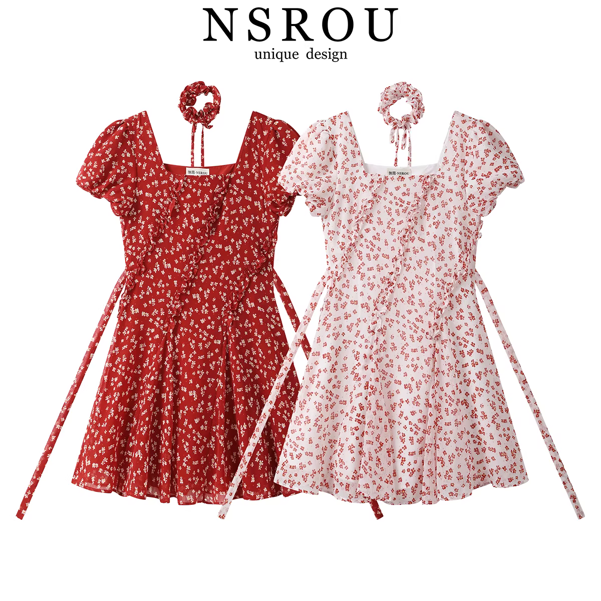 Đầm voan in họa tiết kiểu Pháp dành cho nữ mùa hè mới váy ngắn họa tiết hoa nhỏ màu đỏ