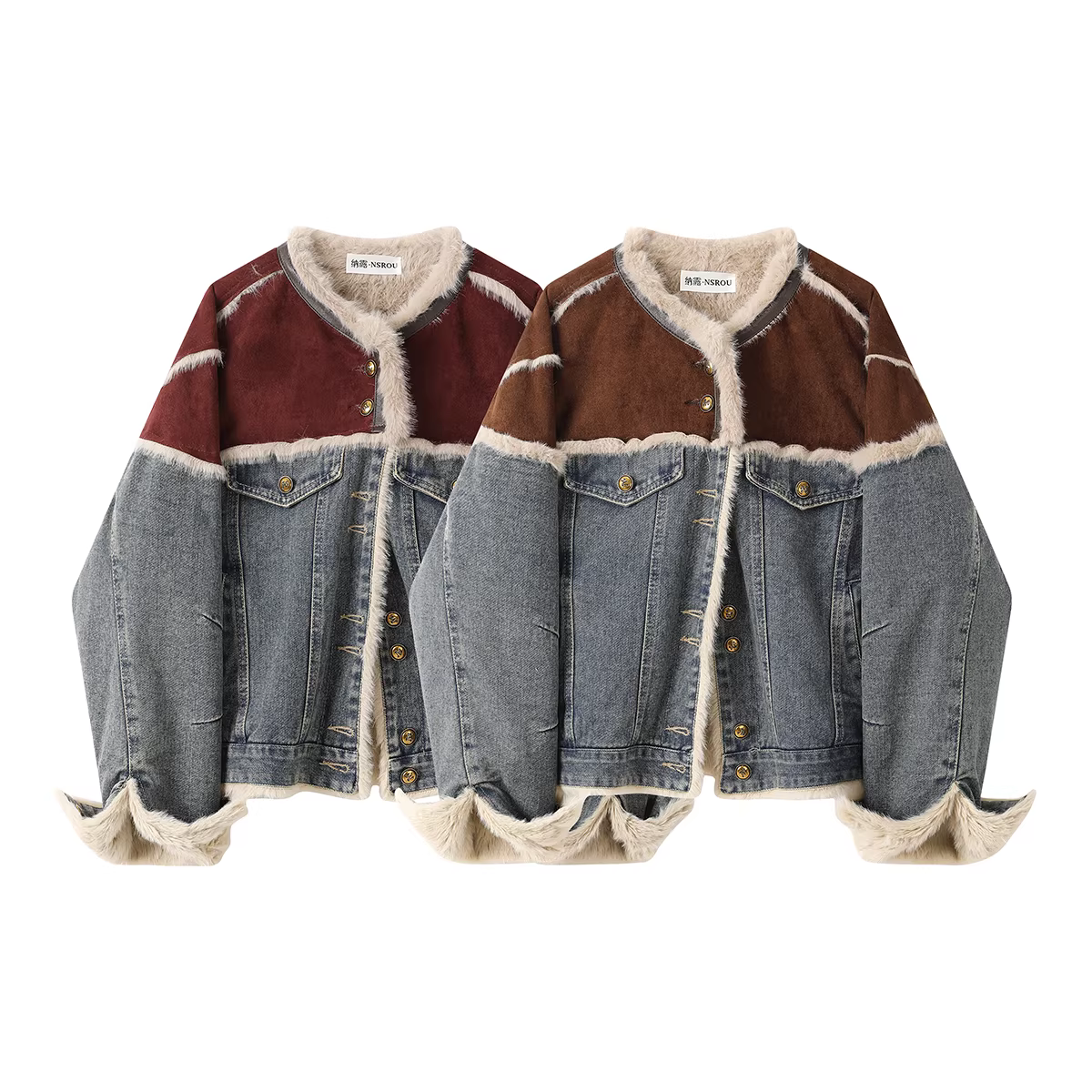 Áo khoác da denim siêu phong cách độc đáo của NSROU dành cho nữ, áo khoác cổ điển phong cách Hồng Kông lót lông cừu mùa thu đông