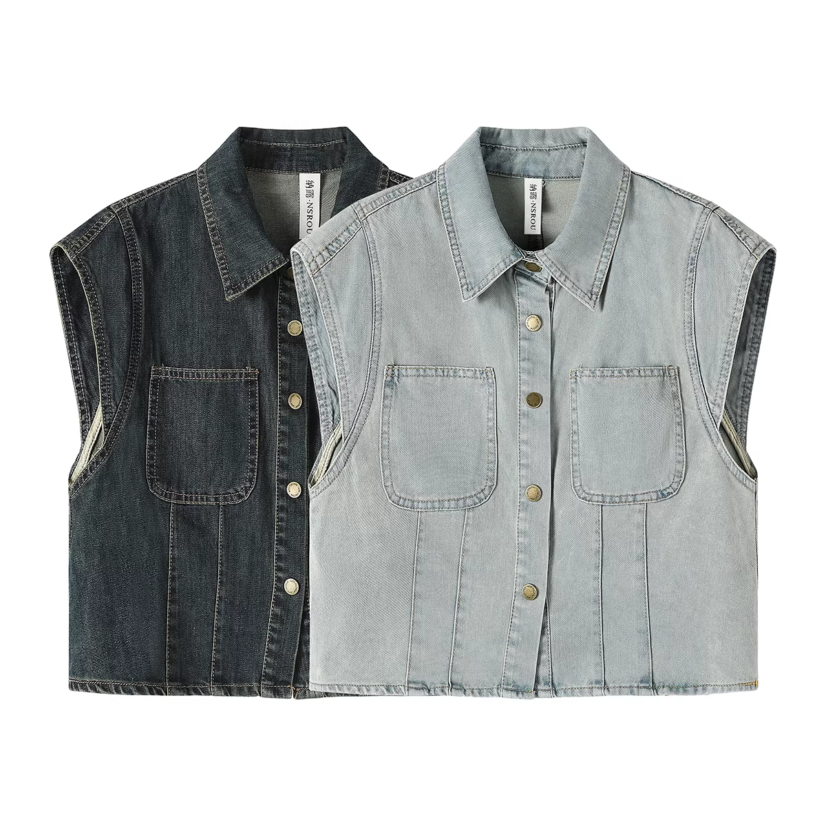 Áo sơ mi denim cổ điển kiểu Mỹ dành cho nữ, phong cách mùa hè mới, thời trang phong cách Hồng Kông, áo khoác ngắn đa năng với tay áo nhỏ xòe.