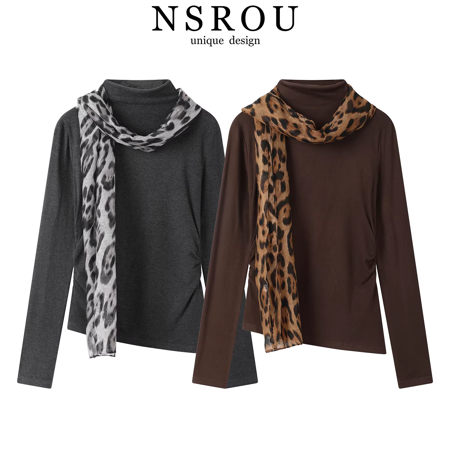 Khăn quàng cổ họa tiết da báo cổ điển, áo thun dệt kim dài tay cho nữ, áo sơ mi ôm sát mùa thu đông, áo thời trang