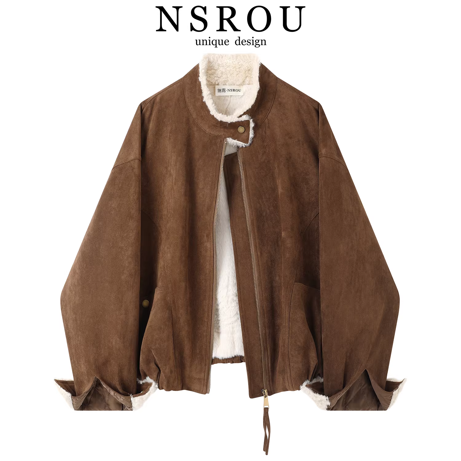 Áo khoác da ngắn cổ đứng kiểu retro thời thượng chất liệu da lộn Melard dành cho nữ mùa thu đông, áo khoác da đi xe máy cho người nhỏ nhắn