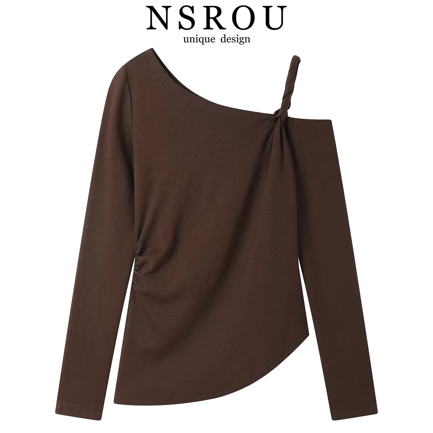 Áo thun dài tay lệch vai màu cà phê cổ điển của Mỹ dành cho nữ, áo sơ mi dáng ôm tôn dáng phong cách niche chic đầu thu
