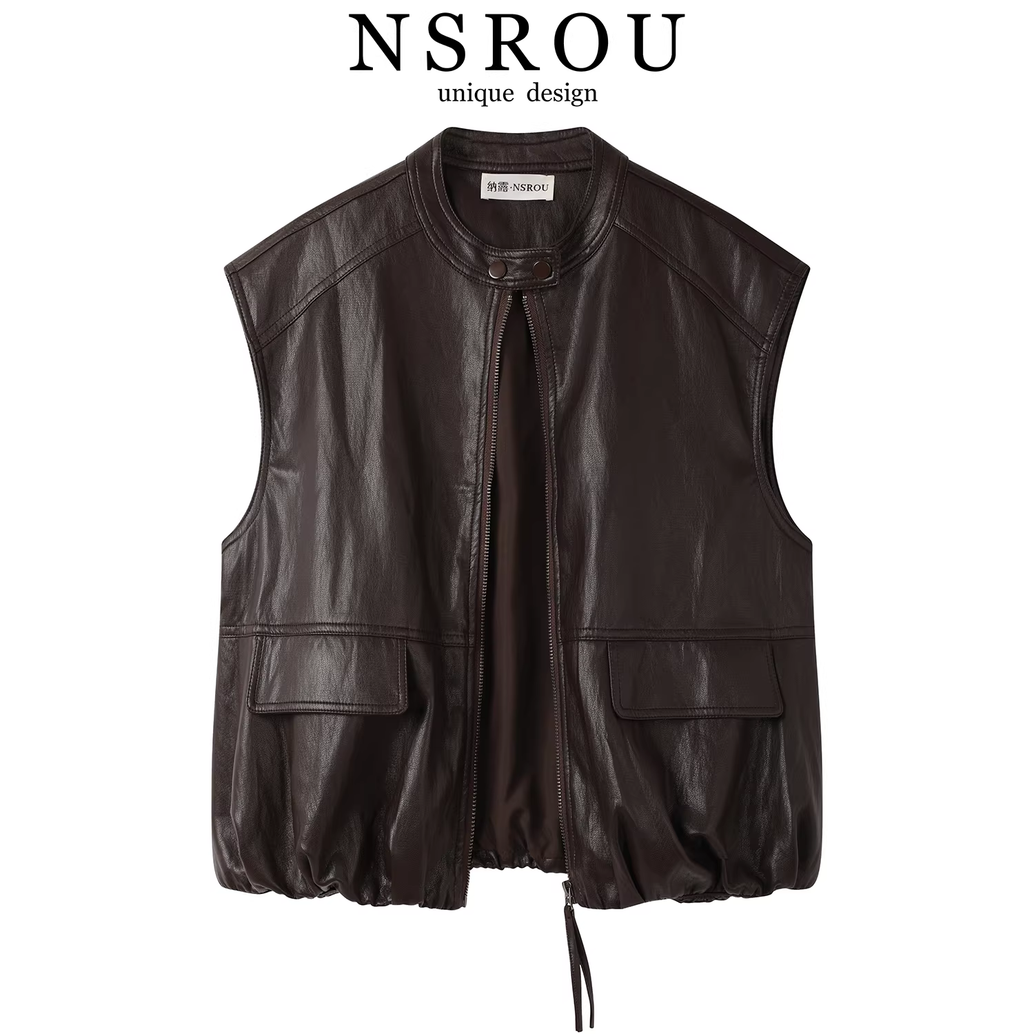 Áo vest da dáng rộng cổ tròn, phong cách và sành điệu dành cho nữ, áo khoác nhỏ nhắn thanh lịch cao cấp màu đen mùa thu.