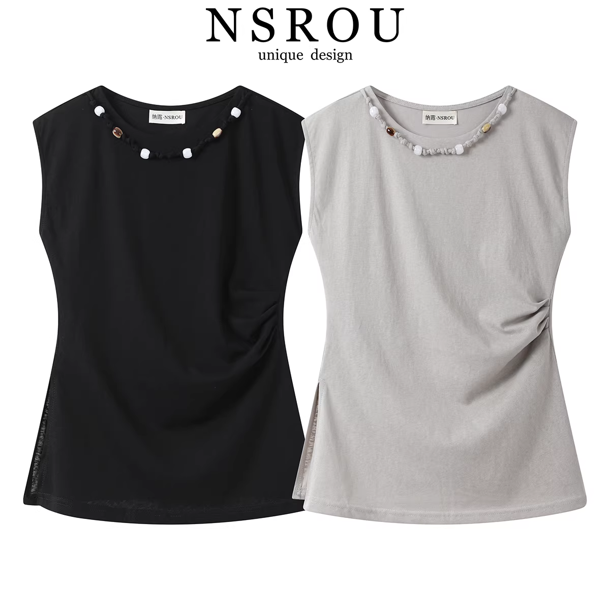 NSROU Áo thun không tay cổ tròn kiểu dáng thanh lịch và đơn giản kiểu Hàn Quốc, áo thun không tay cổ tròn, thời trang mùa hè dành cho nữ